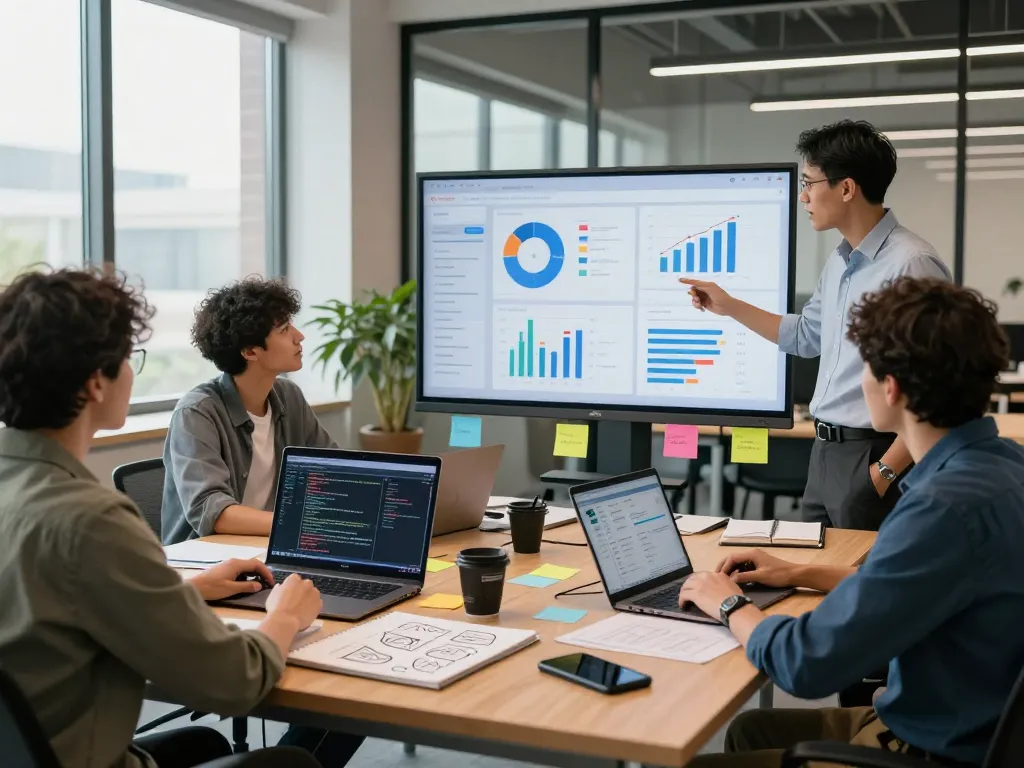 Collaborative tech workspace demonstrating image to prompt discussion with diverse professionals engaged in brainstorming.