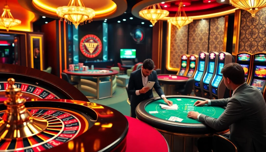 Joueurs engagés profitant des jeux de casino en ligne Français dans une atmosphère luxueuse.