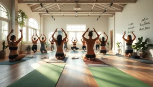 推奨されるプラクティスや多様な参加者が落ち着いた雰囲気の中で描かれたホットヨガスタジオシーン。