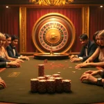 Players engaged at a high-stakes poker table in a luxurious casino, immersing in the excitement of CM88 gaming.
