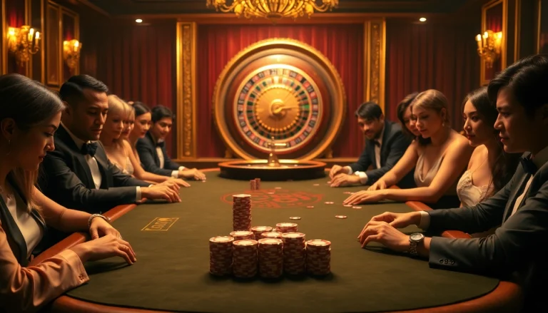 Players engaged at a high-stakes poker table in a luxurious casino, immersing in the excitement of CM88 gaming.