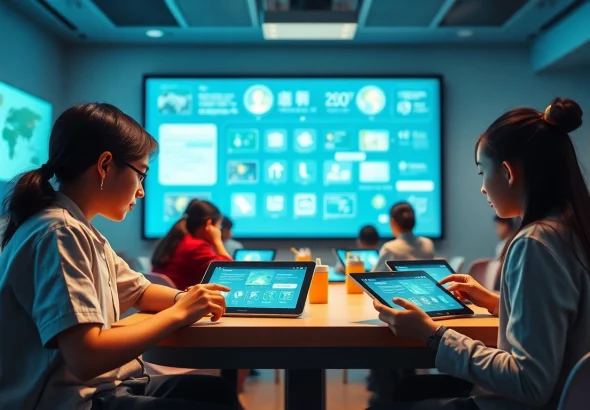 Youdao's innovative digital learning environment with students engaging in language translation technology.