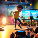 3D Animation of a character in a vibrant studio setting with detailed virtual surroundings.