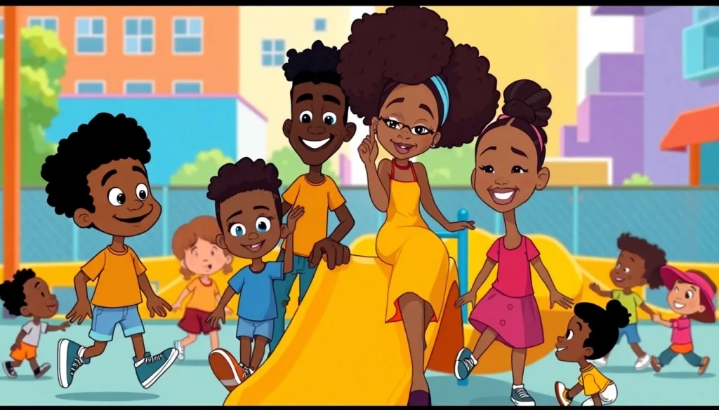 An illustration showcasing beloved African American cartoons like "The Boondocks" and "The Proud Family," celebrating cultural representation.