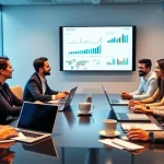 Team conducting Bid-No-Bid Analysis in a modern office setting with data visuals.