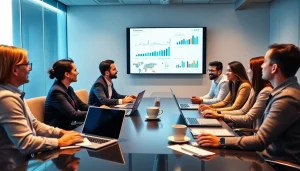 Team conducting Bid-No-Bid Analysis in a modern office setting with data visuals.