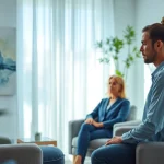 Anxiety symptoms illustrated by a therapist engaging with a client in a calming therapy room.