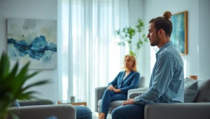 Anxiety symptoms illustrated by a therapist engaging with a client in a calming therapy room.