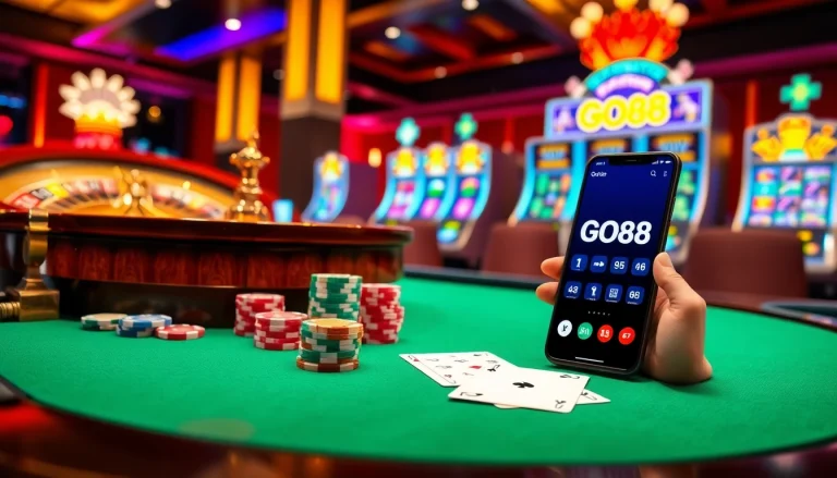 Players enjoying a thrilling game at a luxurious GO88 casino table with vibrant chips and cards.