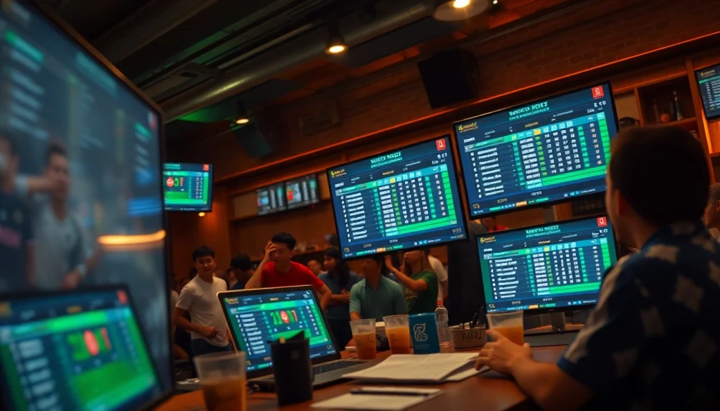 Tỷ lệ kèo displayed on screens in a vibrant sports bar environment filled with excited fans.