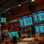 Tỷ lệ kèo displayed on screens in a vibrant sports bar environment filled with excited fans.