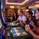 Friends enjoying the thrill of situs gacor at a vibrant casino gaming scene with slot machines.