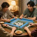 Players enjoying an engaging mahjong game night with colorful tiles and snacks on the table.