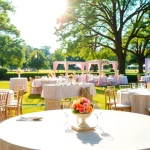 Elegant table rentals beautifully arranged for a serene outdoor event.