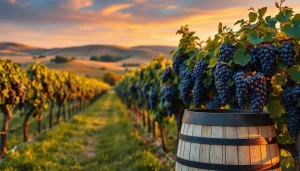 Savoring Tempranillo grapes in a picturesque vineyard at sunset.