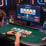 Dynamic online baccarat gaming scene with vibrant graphics, showcasing a player engaged in live dealer excitement and modern betting environment.