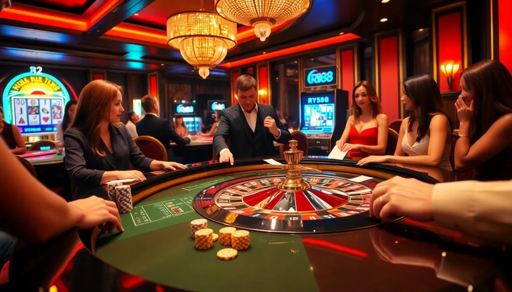RR88 casino scene showcasing excitement with players at a roulette table and colorful slot machines.