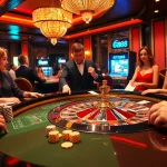 RR88 casino scene showcasing excitement with players at a roulette table and colorful slot machines.