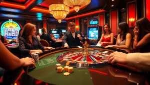 RR88 casino scene showcasing excitement with players at a roulette table and colorful slot machines.