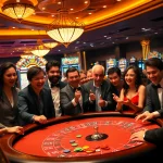 Zonafilm showcases a thrilling casino experience with players engaged around tables and vibrant slot machines.