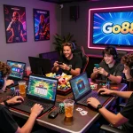 Group of friends engaged in gaming while downloading tải go88 on laptops, vibrant online casino atmosphere.