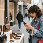 Stylish person shopping for luxury replica handbags at a 레플리카 쇼핑몰 in an urban setting.