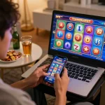 Player spins slot machines on smartphone while managing bankroll in a cozy home