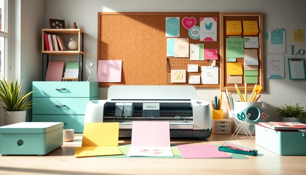 Cricut SVG designs displayed on a vibrant craft table with a cutting machine.