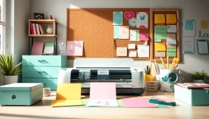 Cricut SVG designs displayed on a vibrant craft table with a cutting machine.