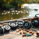 Showcase of fly fishing accessories arranged artistically on a wooden table near a serene river.