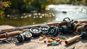 Showcase of fly fishing accessories arranged artistically on a wooden table near a serene river.