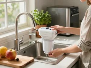 Person installing Waterdrop Plus XWF Replacement for GE® XWF filter in a bright kitchen environment.