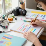 Artist using vibrant washi tape in a creative studio, showcasing colorful designs on journals.