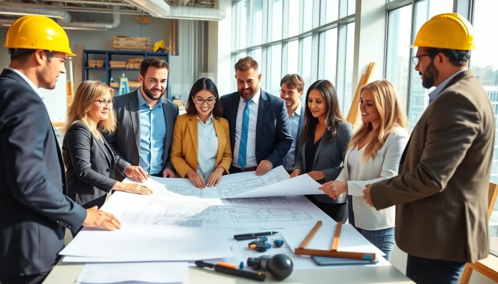 Engaged team discussing construction advocacy strategies in a modern office environment.