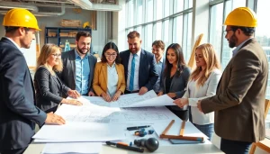 Engaged team discussing construction advocacy strategies in a modern office environment.