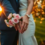 Capture a magical moment of wedding photography with a couple embracing amidst a sunset.
