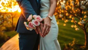 Capture a magical moment of wedding photography with a couple embracing amidst a sunset.