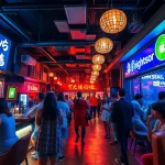 노래방, 활기찬 바, 행복한 손님들이 있는 제주도유흥의 생동감 넘치는 제주도 야경 모습.