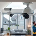 Cámaras de seguridad en Liberia instaladas en una casa moderna, que muestran tecnología avanzada y un técnico profesional.