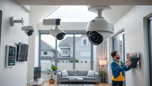Cámaras de seguridad en Liberia instaladas en una casa moderna, que muestran tecnología avanzada y un técnico profesional.
