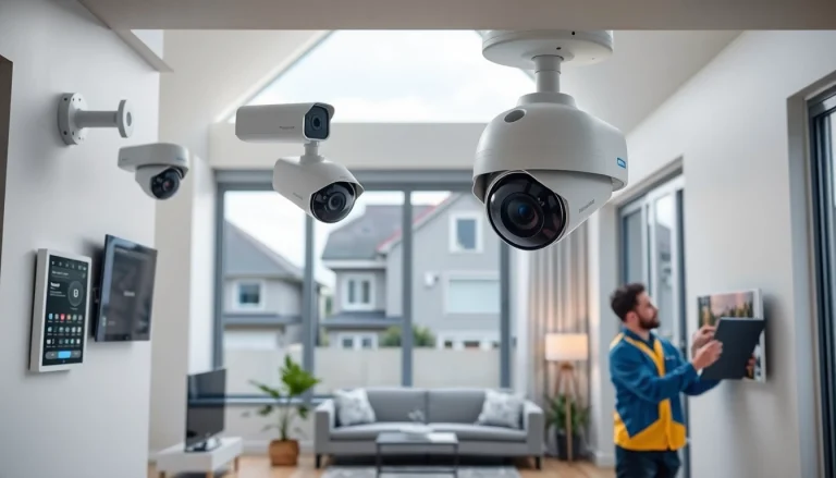 Cámaras de seguridad en Liberia instaladas en una casa moderna, que muestran tecnología avanzada y un técnico profesional.