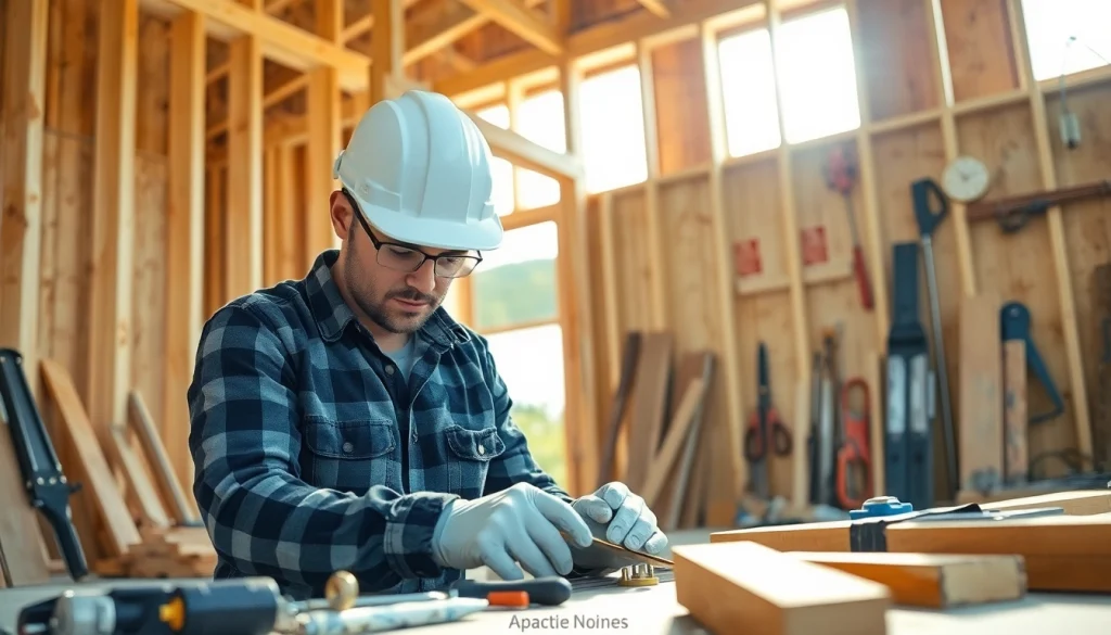 Carpentry apprenticeship training with a skilled professional at work amid construction tools.