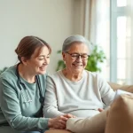Engaging in home care near me, a caregiver assists a senior in a cozy, vibrant living room.