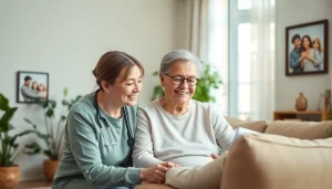 Engaging in home care near me, a caregiver assists a senior in a cozy, vibrant living room.