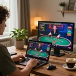 Player enjoying a thrilling manclub online blackjack game with engaging interface and cozy ambiance.