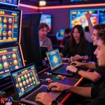 Pemain online menikmati permainan slot gacor di laptop dan ponsel, suasana kasino yang hidup.