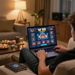 Engaging online casino gameplay on W 88, showcasing a player enjoying a strategic session on their laptop in a cozy home setting.