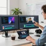 Professional workspace depicting video to prompt technology with dual monitors showing AI-generated video analysis and prompts.