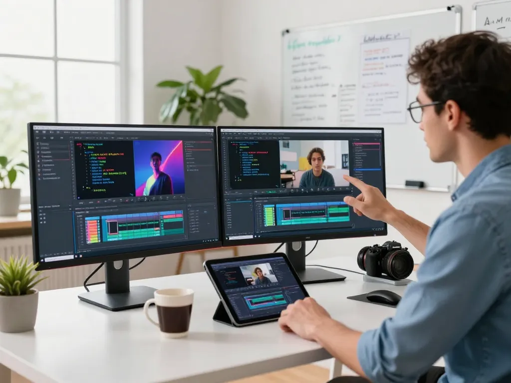 Professional workspace depicting video to prompt technology with dual monitors showing AI-generated video analysis and prompts.
