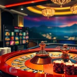 Scène captivante de casino en ligne Français avec une table de roulette élégante et des jetons de poker vibrants.